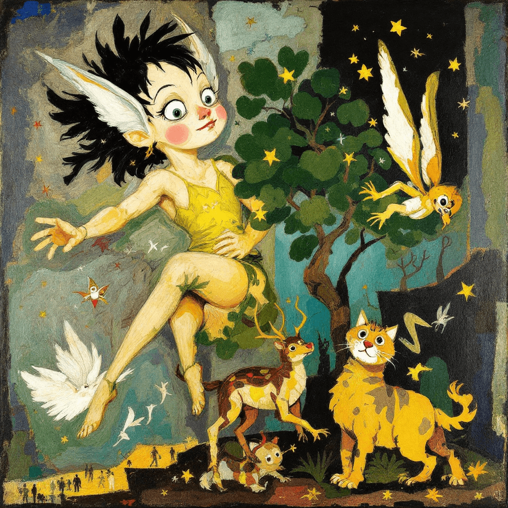AI generated: funny Peter Pan flying , art in medieval bestiary style, oil on canvas by Pablo Picasso, Masaccio, M...