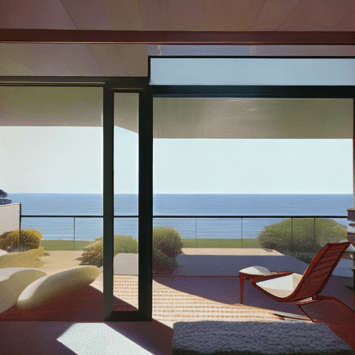 AI generated: Hyper realistic eye level exterior photo of a mid century modern style house overlooking the ocean, ...