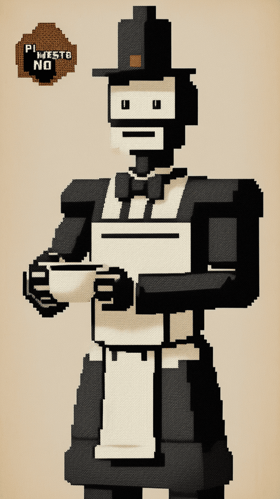 AI generated: mono pixelated poster, signed "101", a digital illustration of a robot waiter, highly detailed vinta...