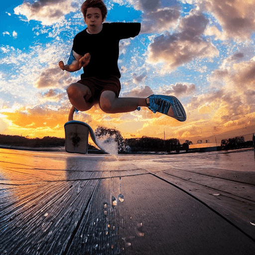 AI generated: dynamic, high-speed action, encapsulated in a warm, vibrant sunset backdrop, a tight crop focusing o...