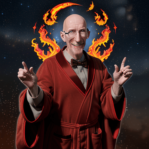 AI generated: professor  Farnsworth, realistic, dressed in red robes covered in mystic symbols stars and moons, ba...