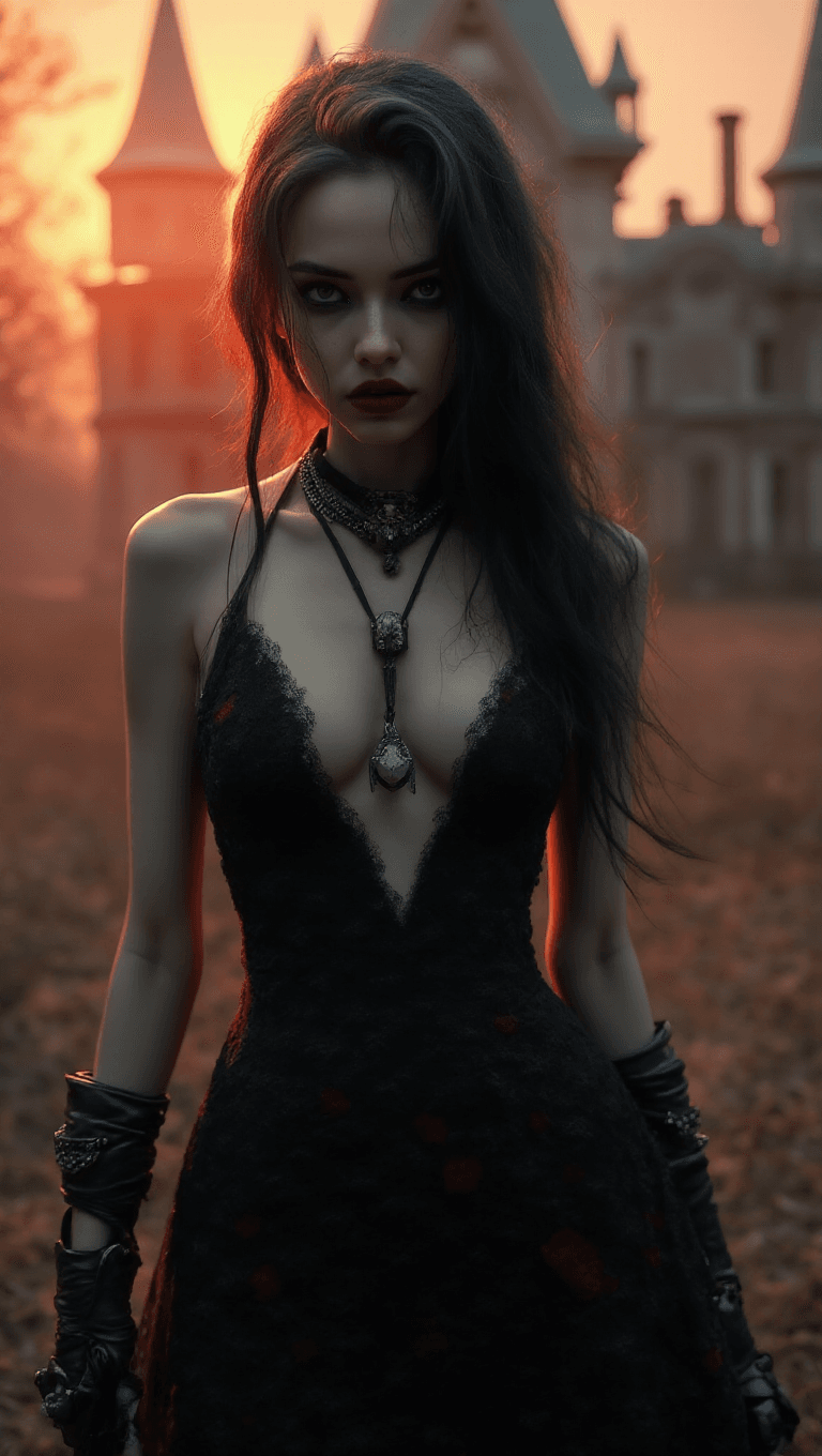 AI generated: Full-body shot of a young thin woman with black hair with gray strands, pale skin, black-painted eye...