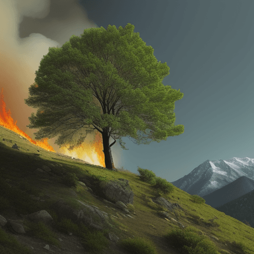 AI generated: A green tree in a mountainous area, but burning with fire