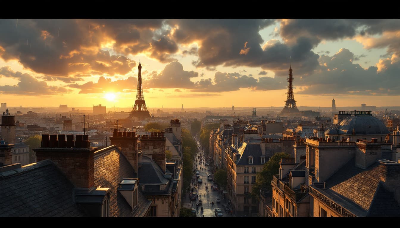 AI generated: hyper-realistic illustration, a panoramic view above the 1900s Paris rooftops after a hot summer rai...