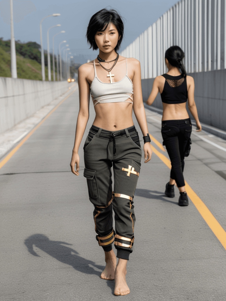AI generated: full body view of a slim,small breast,flat chest,abs,young asian female supermodel,with short messy ...