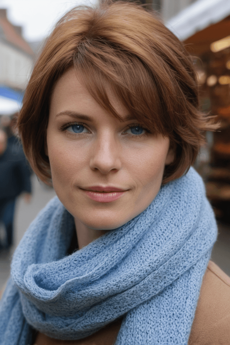AI generated: 3/4 shot, photograph of, a 33 year old woman, short hair, auburn highlights, (freckles:0.6), light b...