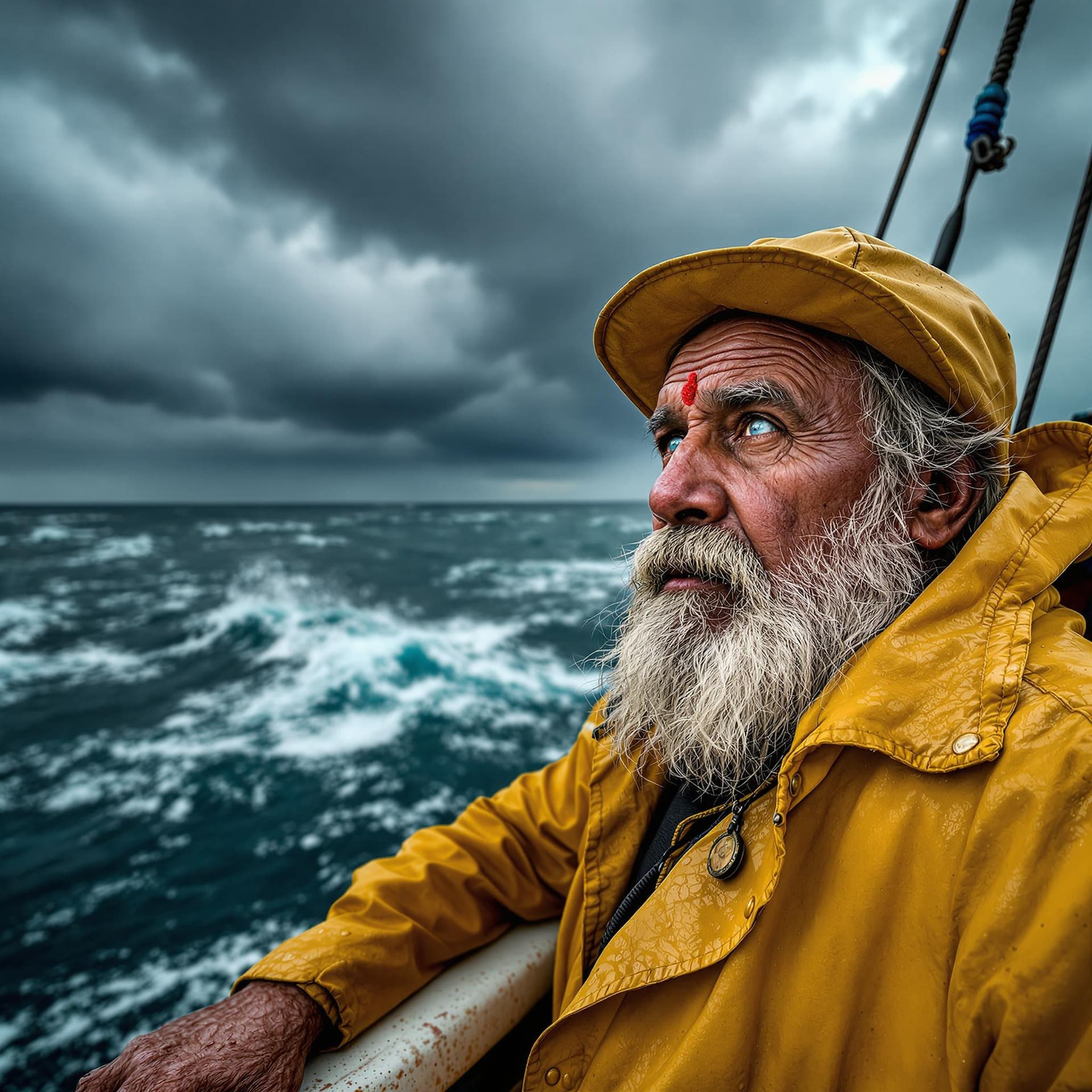 AI generated: A weathered Indian fisherman in his early 60s stands on the deck of his boat, gazing out at a stormy...