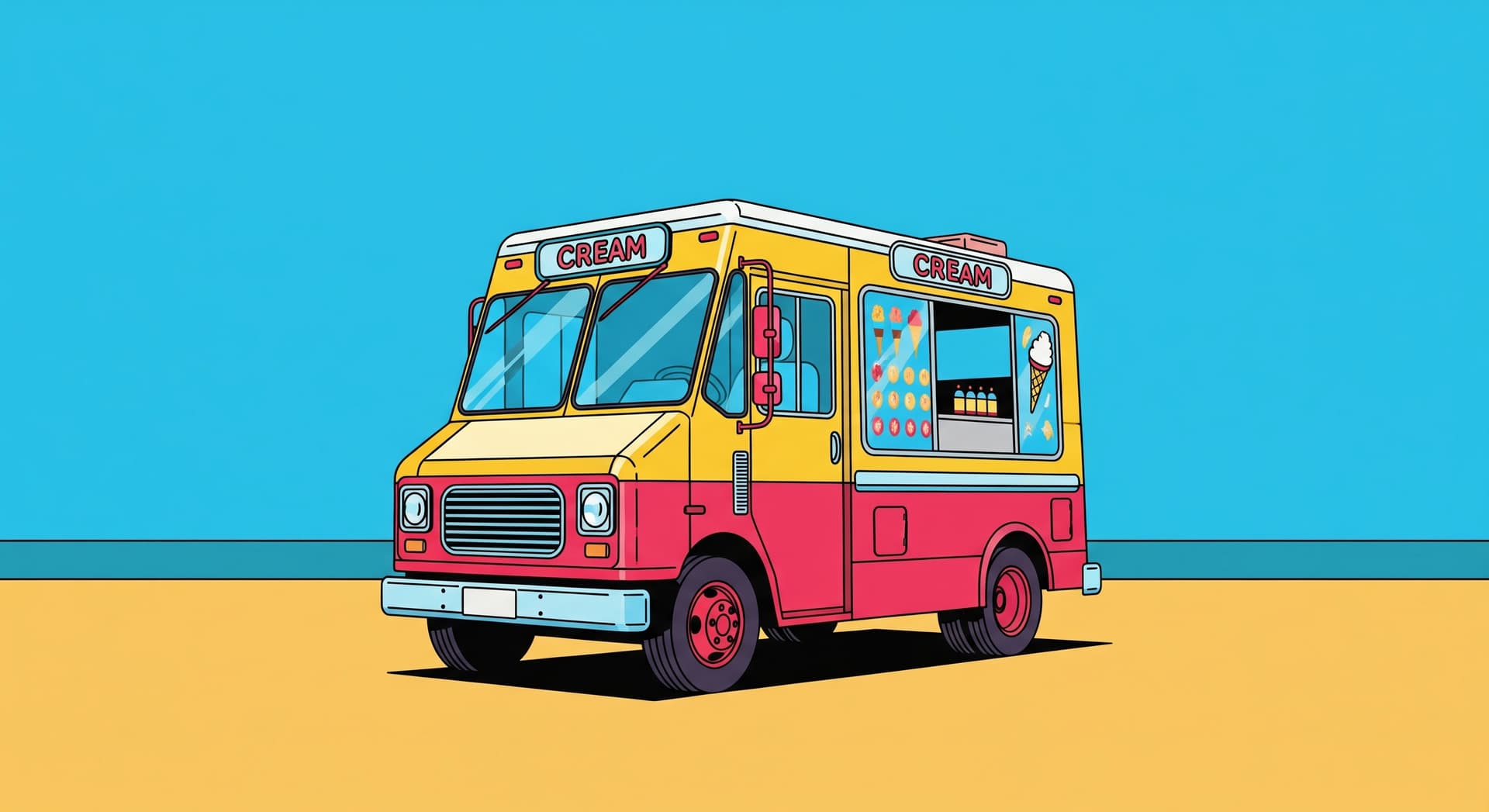 AI generated: Pop Art style illustration of a nostalgic ice cream truck on a sunny beach, shortly before opening. ...