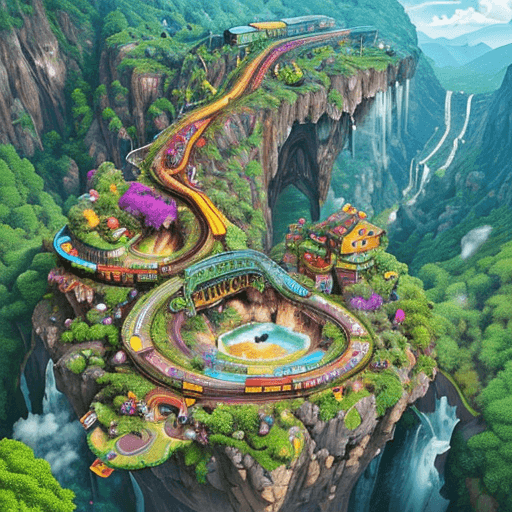 AI generated: Create a vibrant, surreal image where the scene takes place on a spectacular railway track that runs...