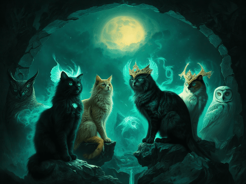 AI generated: Moonlit gothic ruins, deep indigo fog  
— circle of sentinel cats **and owls** on cracked rune-mono...