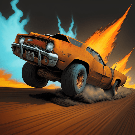 AI generated: A retro vintage Comic style poster, of a post apocalyptic universe, of a muscle car, extreme color s...
