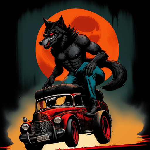 AI generated: A retro Horror Comic style poster, werewolf riding hotrod