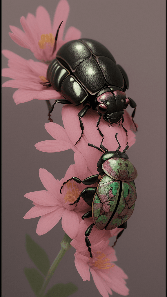 AI generated: floral beetle wearing a (long:1.2) pink (scarf:1.3), a beetle with arms and a head, (dark shot:1.17)...