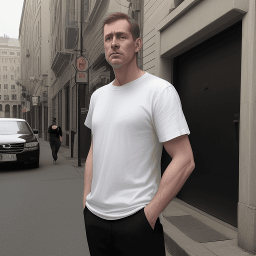 AI generated: A white man in a black t-shirt, standing in the street with his hands in his pockets.