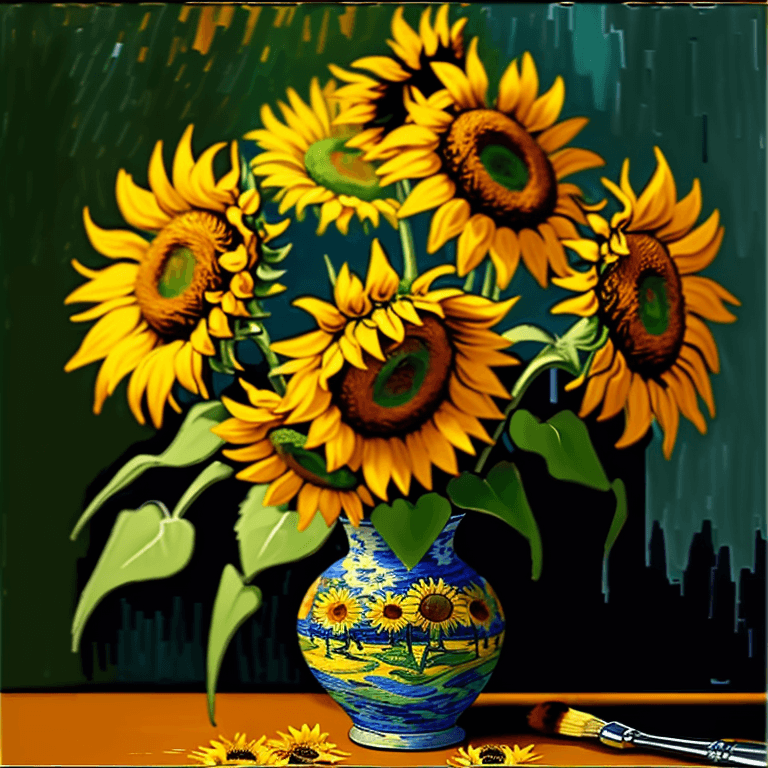 AI generated: Still life of sunflowers in a vase during sunset, painted in Van Gogh style. Vivid colors and vivid ...
