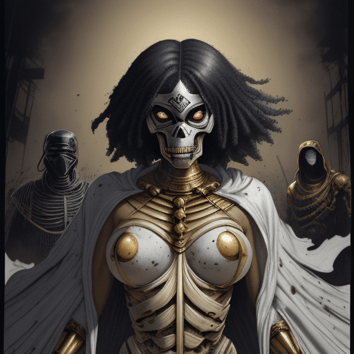 AI generated: Japanese ink: comic art, Andrei Arinouchkine, African woman with gold skeleton mask white armor long...
