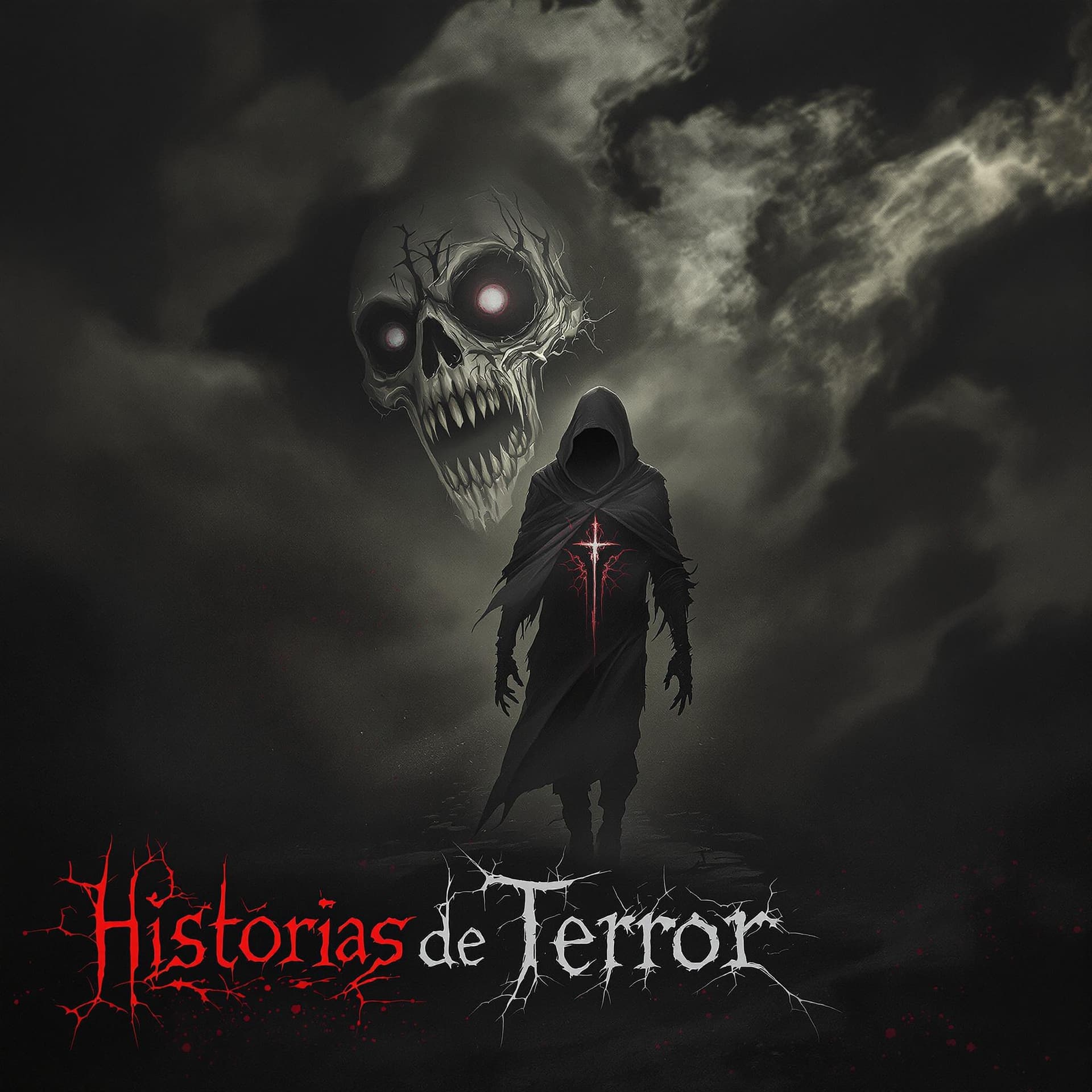 AI generated: a scary eerie image thumbnail , with text "histórias de terror" 