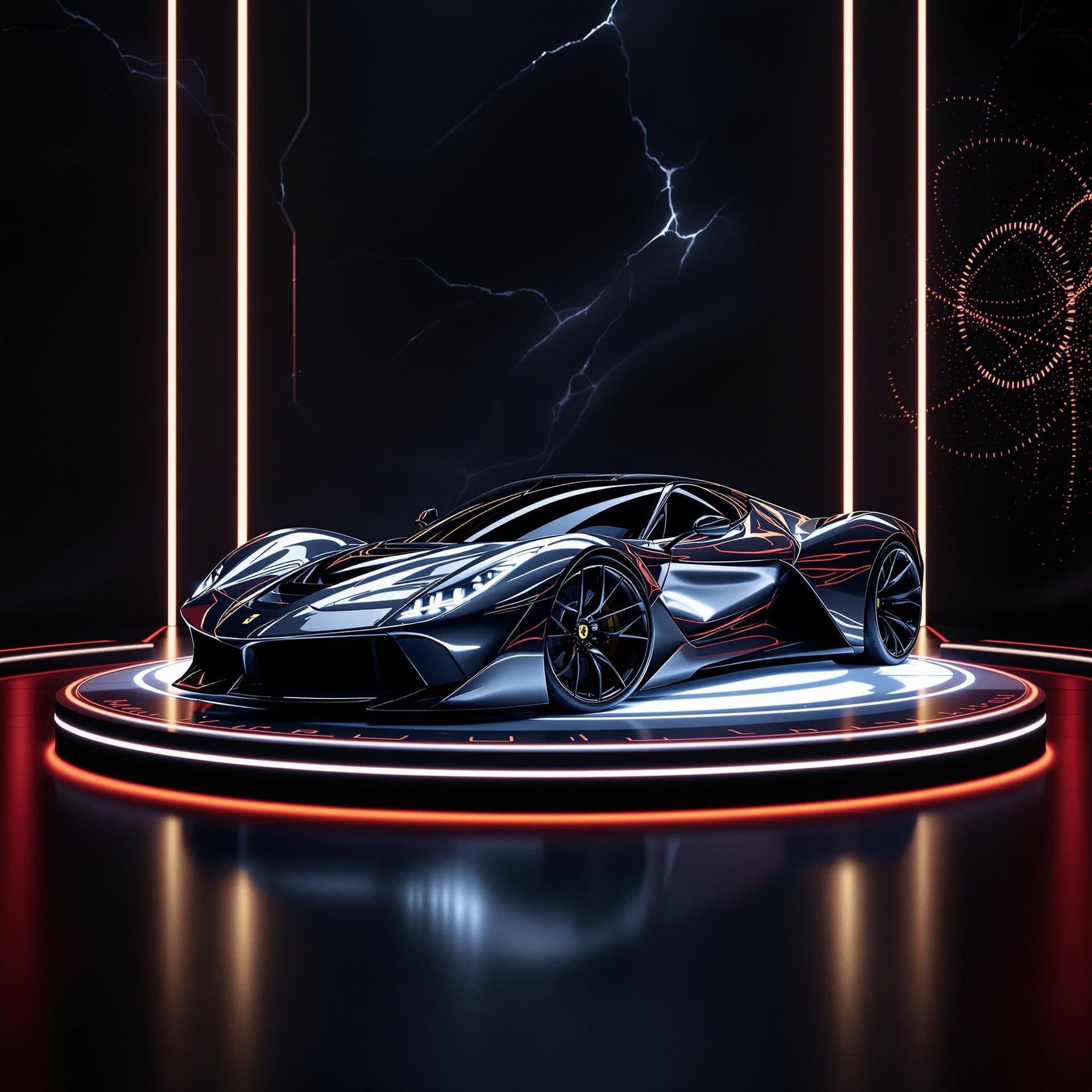 AI generated: a realistic futuristic shiny metallic sleek ferrari sports car on a led podium with lights and dark ...