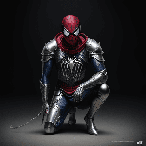 AI generated: spiderman stempunk kneeling dog pitbull knight, portrait, finely detailed armor, intricate design, s...