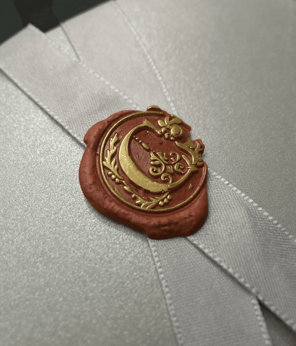AI generated: A close-up, high-definition shot of the "Covenant Lock" wax logo , gleaming softly, on a silver enve...