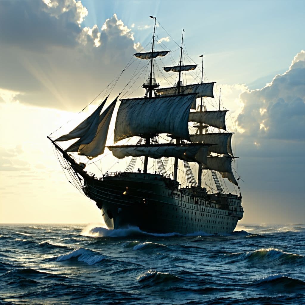 AI generated: Photo of a ultra realistic sailing ship, dramatic light, pale sunrise, cinematic lighting, battered,...