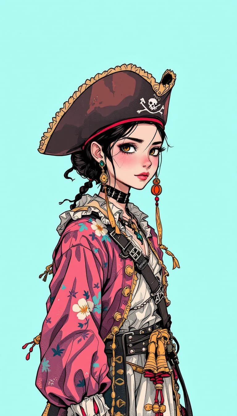 AI generated: une fille portant un pirate et un regard par en dessous, dans le style d'illustrations d'un autre mo...