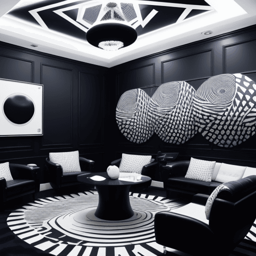 AI generated: Law office  with Navy blue walls with a plush white shag rug, bold geometric prints in shades of bla...