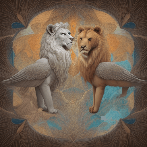 AI generated: Illustration in the style of Andy Catling: A winged lion with mesmerizing patterns of feathers tende...