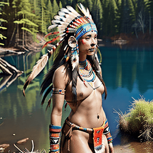 AI generated: Beautiful native American woman, velopuous,colorful headdress, tight native clothing, two piece brow...