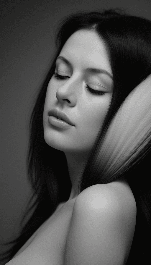 AI generated: Black and White, an striking portrait of a woman, long dark hair, soft gradient of natural light, hi...