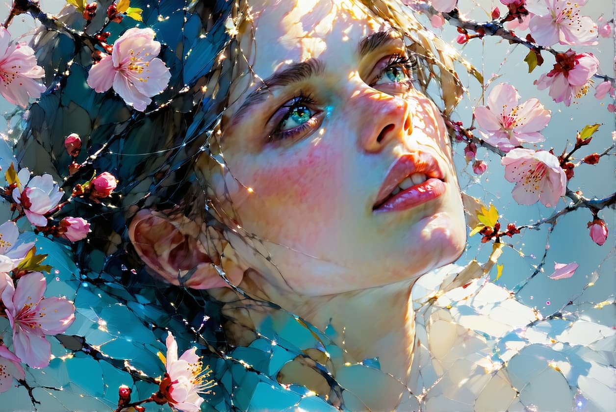 AI generated: Cherry blossoms bloom, Softly falling to the ground, Springtime's fleeting grace| dynamic pose | cen...