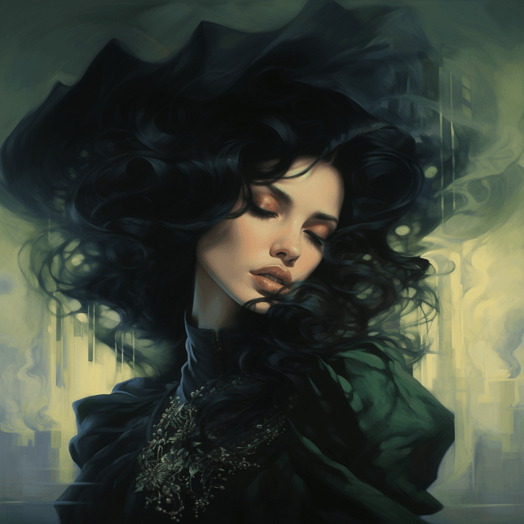 AI generated: a woman with black hair who weeps dark smoke from her eyes, black, bright light, golden hues, green,...