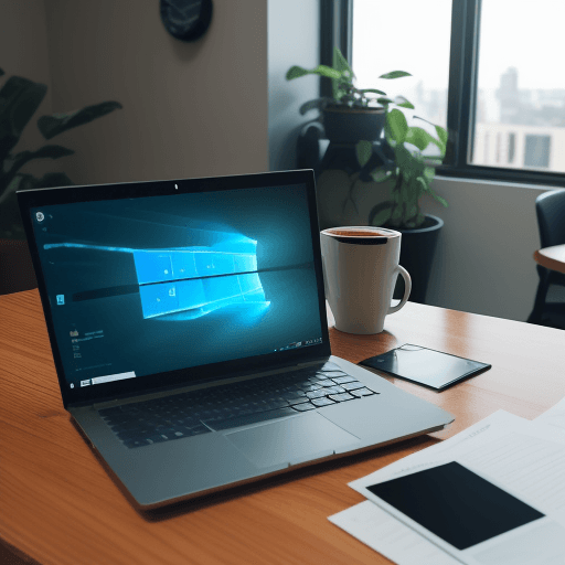 AI generated: Photo of a laptop on office table with a Windows PowerShell script displayed on the screen. A cup of...