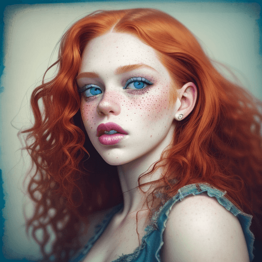 AI generated: grunge style photograph of ginger female instagram model close up, beautiful, long curly hair, notic...