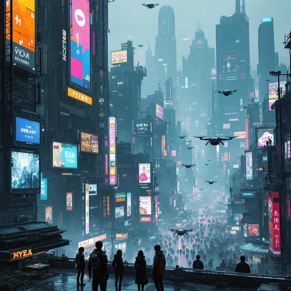 AI generated: A sprawling cyberpunk cityscape stretches as far as the eye can see. Massive skyscrapers, their surf...