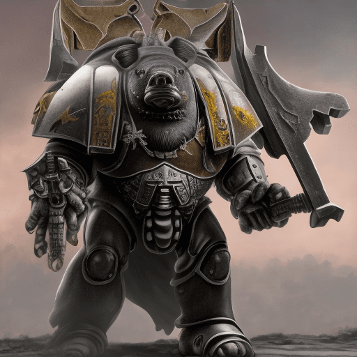 AI generated: A humanoid boar ultra realistic in a SPACE MARINE ARMOR, in a warhammer 40k terra city.