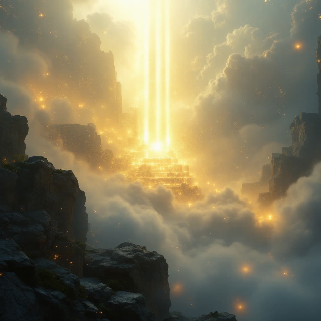 AI generated: A fine art, hyper-realistic, cinematic image of God's golden city of heaven off in the distance. Bri...