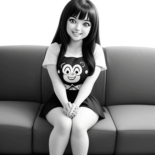 AI generated: Cartoon girl smiling, Anime cute, big beautiful eyes, fully seated,smile,{{{{{{black and white style...