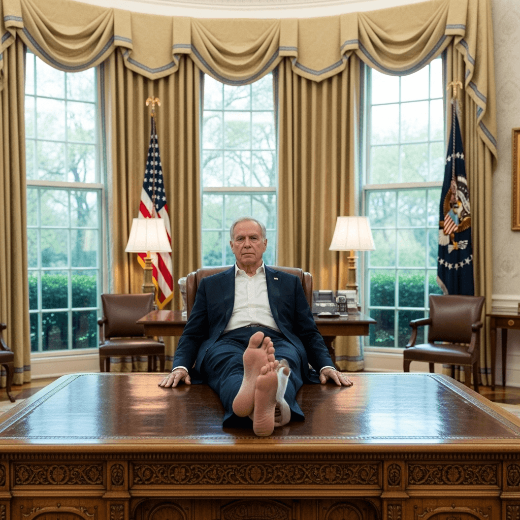 AI generated: Vice president JD Vance sitting in oval office barefoot with feet on the desk 