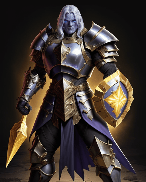 AI generated: A once-glorious Human male paladin whose armor is now tarnished and tainted. His eyes burn with male...