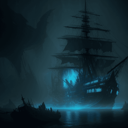 AI generated: Ultra resolution 8K Illustration of a ghost ship might night, phantoms flying surround, scared, nigh...