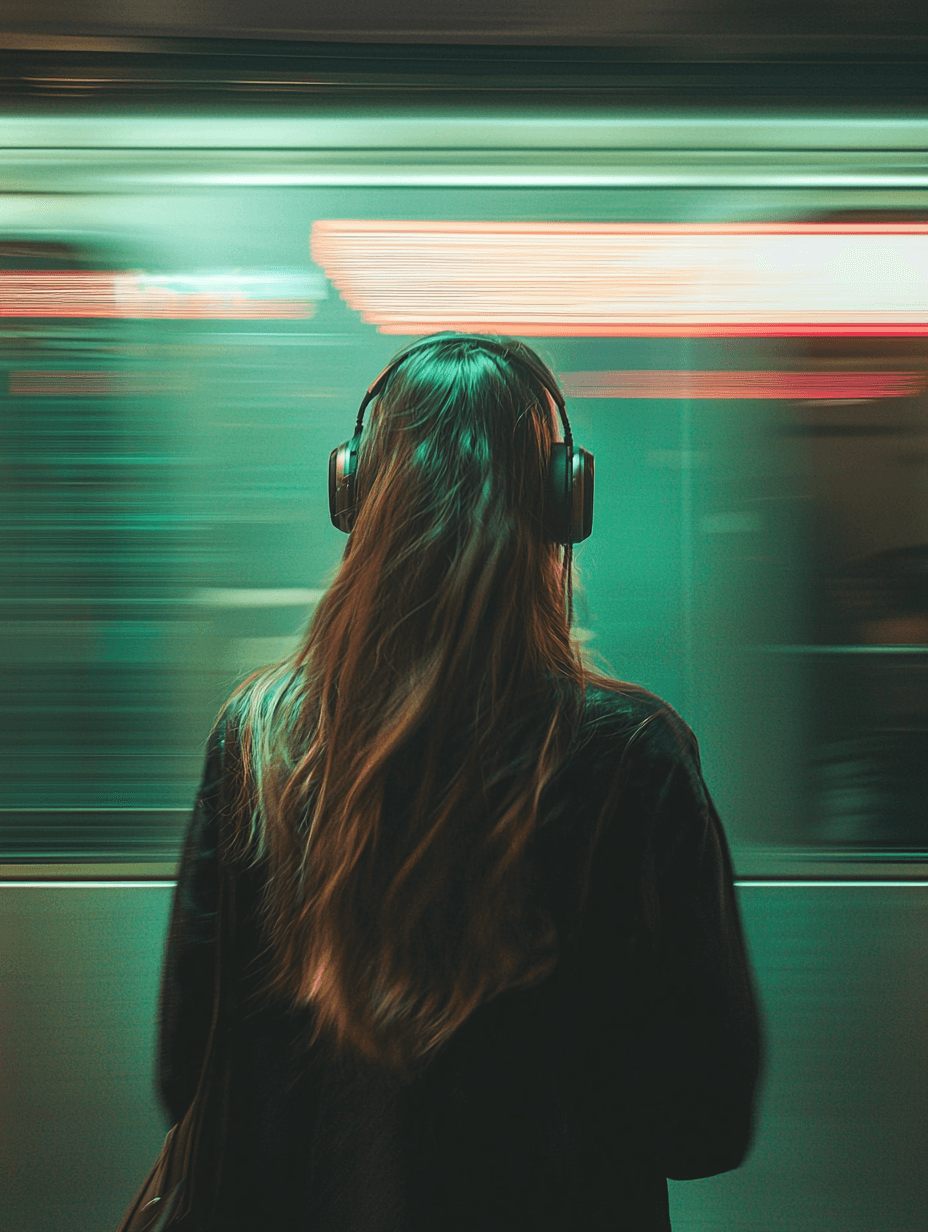 AI generated: Photo of a woman with long hair wearing headphones, standing in front of a fast-moving green subway ...