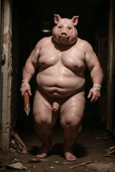 AI generated: A horrifying man using the skinned face of a pig as a mask, grotesquely obese, wielding a butcher kn...