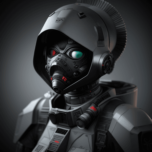 AI generated: Hyperdetailed photo, Mid Shot Photo, murderbot by matha wells, 3d, (number 2024), opaque mask, grung...