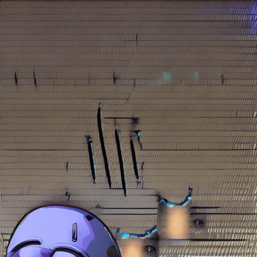AI generated: ((1 girl)), massive huge boobs, anime robot girl with headphones, has glowing blue eyes, colorful ci...