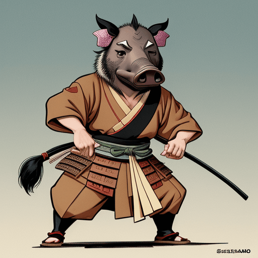 AI generated: anthropomorphic wild pig, male,  samurai, art by Stan Sakai, anime