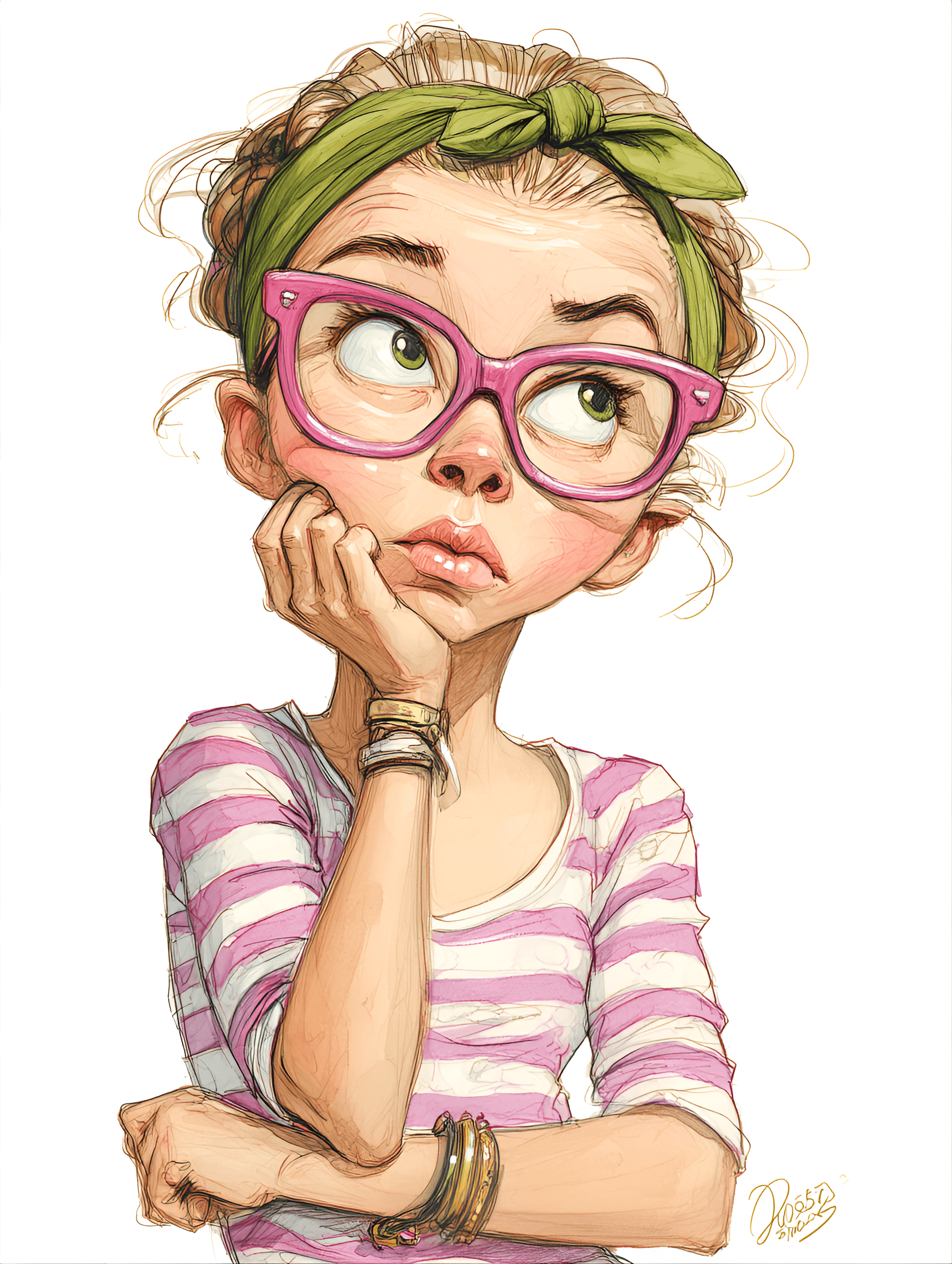 AI generated: funny caricature, young girl with glasses caricature, young caucasian female, 16 years old, large pi...