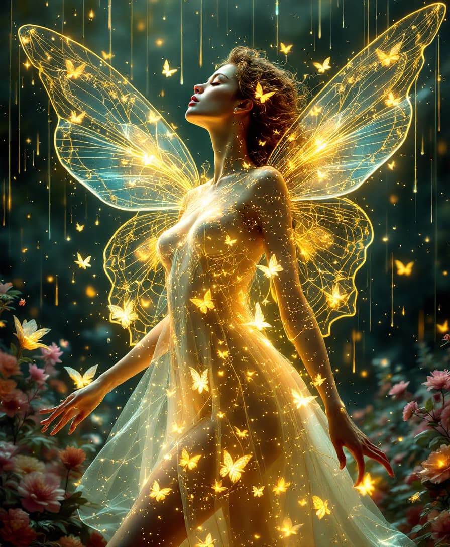 AI generated: Surrealistic luminous butterfly woman wearing a butterfly dress, magical, golden glow, hair spread o...