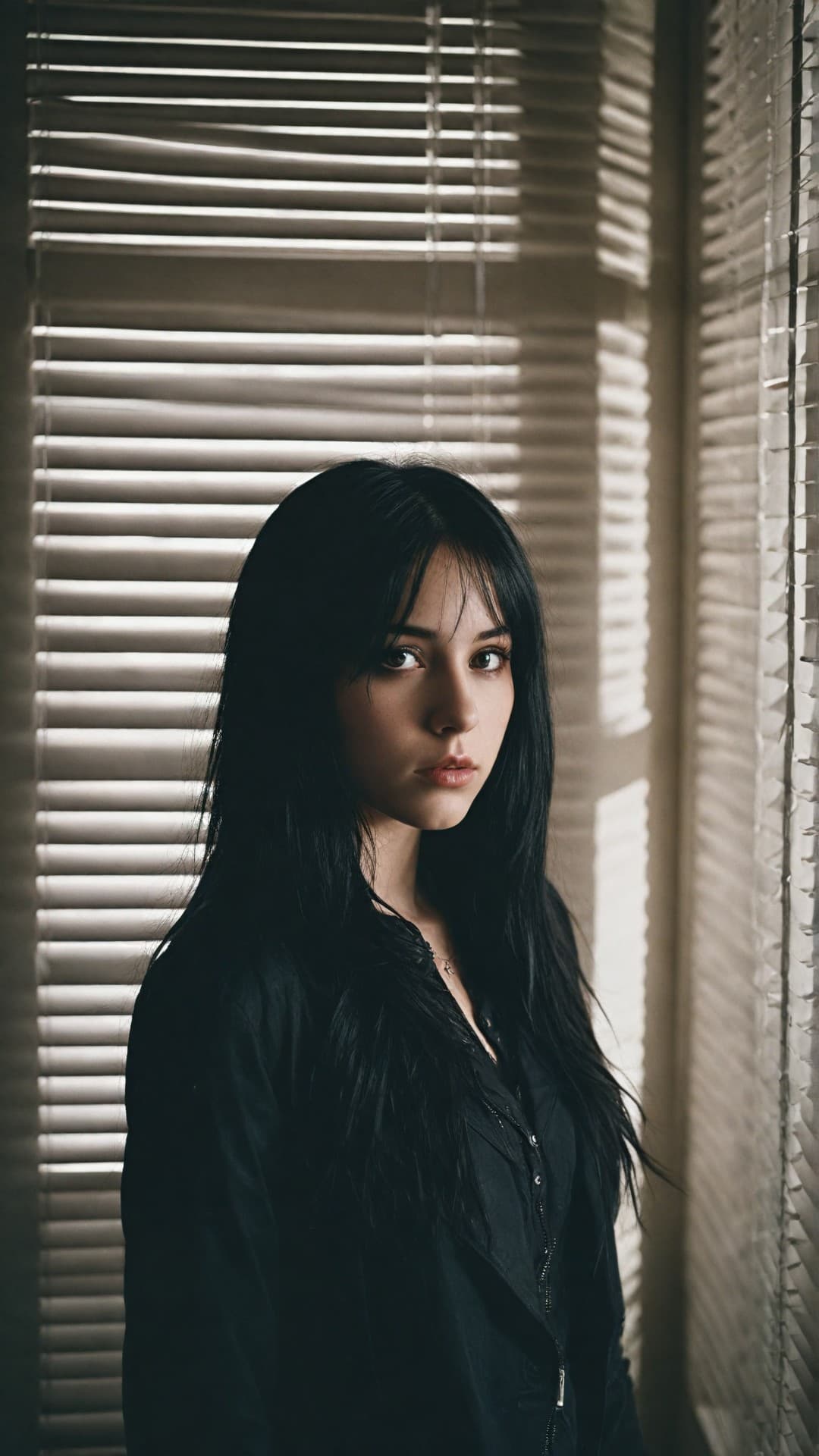 AI generated: 19 year old goth girl with long raven black hair posing in a dark room next to vertical blinds that ...