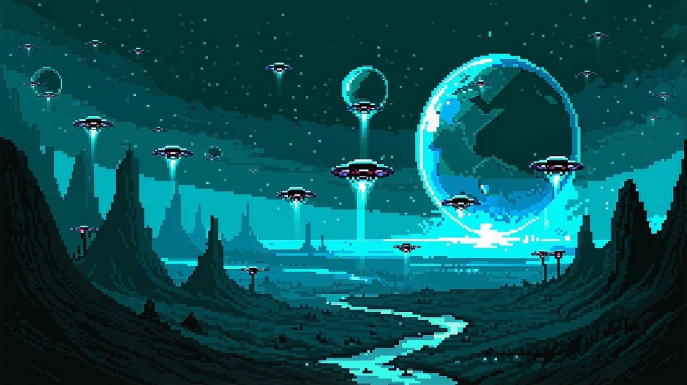 AI generated: Dark fantasy pixelated alien invasion in space with the art style of the video game "Fear and Hunger...